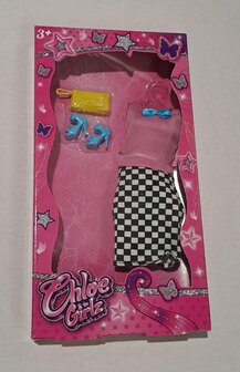 30503 Chloe Girlz Poppenkleding Zwart/wit Geblokt Jurkje 