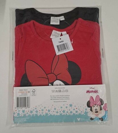 40708 Disney Minnie Mouse Shirt Lange Mouw 2-Pack Maat 74-80 Rood/Zwart