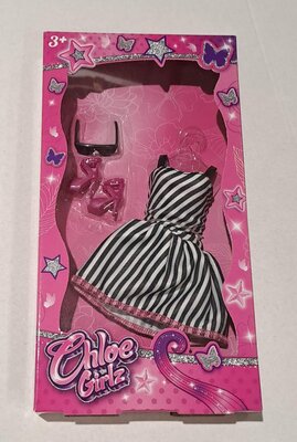 30480 Chloe Girlz Poppenkleding Zwart/wit Gestreept Jurkje 